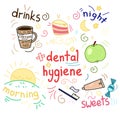 Cute doodle elements about dental care and hygiene, cartoon drawing, for kids dental cabinet or books illustration with sweets