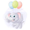 Cute doodle elephant flying using balloon with watercolor illustration