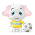 Cute doodle elephant playing Soccer with watercolor illustration Royalty Free Stock Photo