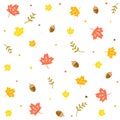 Cute Doodle Fall Autumn Ditsy Acorn Oak Dry Leaf Red Maple Leaf Branch Confetti Sprinkle dot Abstract Hand Drawing Cartoon Color Royalty Free Stock Photo