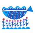 Cute doodle fish card. Around motif with fish.