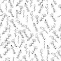 Cute doodle flowers seamless pattern, plant elements in black on a white background, delicate flower with ornate leaves Royalty Free Stock Photo