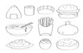 Cute doodle food cartoon icons and objects. Royalty Free Stock Photo