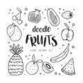 Cute doodle fruits, hand drawn pineapple, melon, kiwi, strawberry, banana and more, vector design