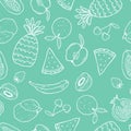 Cute doodle fruits seamless pattern, hand drawn background with pineapple, melon, kiwi and more - great for textiles, wrapping,