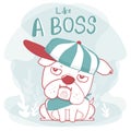 Cute doodle hand drawing nigga bulldog wear cap like a boss cartoon flat Royalty Free Stock Photo