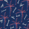 Cute Doodle Hand Drawn Palms and Lettering Hawaiian and Beach Shirt Vector Seamless Pattern