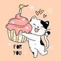 Cute doodle happy smile white cat hold pink muffin with birthday candle, idea for sublimation, greeting card, cut file, printing, Royalty Free Stock Photo