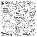 Cute doodle happy teeth, cartoon drawing, for kids dental cabinet or books illustration, dental care and teeth health theme Royalty Free Stock Photo