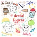 Cute doodle happy teeth, cartoon drawing, for kids dental cabinet or books illustration, dental care and teeth health theme