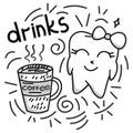 Cute doodle happy tooth with coffee drink, cartoon drawing, for kids dental cabinet or books illustration, dental care and teeth
