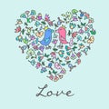 Cute doodle heart with floral background and birds Royalty Free Stock Photo