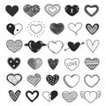 Cute doodle hearts, hand drawn heart sketches. Cupid arrow heart scribble, love symbol doodles, sketch valentine Royalty Free Stock Photo