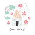 Cute doodle house with flowers, hearts and rainbow