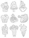 Cute doodle ice cream. Hand drawn cold desert set. Bowl, waffle cone, cup ice cream, mini melts small balls, eskimo pie, popsicle