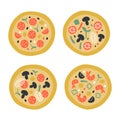 Cute doodle illustration with pizza top view set with different ingredients. Pepperoni, vegeterian, seafood, mushrooms, shrimps, Royalty Free Stock Photo