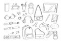 Cute doodle lifestyle gadgets accessories cartoon icons fashion and objects. Royalty Free Stock Photo