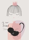 cute doodle little princess with black cat