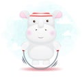 Cute doodle little rhino jump rope exercise cartoon character Premium Vector Royalty Free Stock Photo