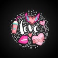 Cute doodle love text in round form colored. Cute fun vector love with winged heart, cocktail, lollipop, lips, hearts