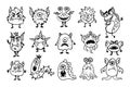 Cute doodle monsters, animal childish drawing. Happy kids alien funny art, fun children toys, smile mascots, spooky