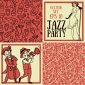 Cute doodle musicians in retro style, jazz or blues music band and seamless patterns for party Royalty Free Stock Photo