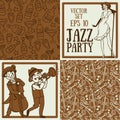 Cute doodle musicians in retro style, jazz or blues music band and seamless patterns for party Royalty Free Stock Photo