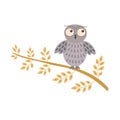 Cute doodle owl sitting on tree branch, simple flat style hand drawn cartoon vector forest bird illustration Royalty Free Stock Photo