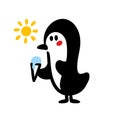 Cute doodle penguin with ice cream under the hot sun.