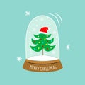 Cute doodle pine tree in Santa Claus hat in snow globe. Merry Christmas Happy New Year greeting card template Royalty Free Stock Photo