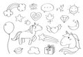 Cute doodle pony unicorn cartoon icons and objects.