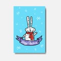 Cute Doodle Rabbit On Merry Christmas Greeting Card, Hand Drawn Postcard Isolated On White Background
