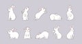 Cute doodle rabbits, white bunny characters. Sketch hand drawn line logo, adorable animal collection, happy nature