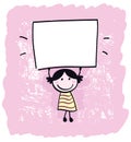 Cute doodle retro kid holding blank banner sign. Royalty Free Stock Photo