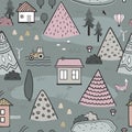 Cute doodle seamless pattern with cartoon houses, trees and mountains. Design for kids textile, floor mats, wall Royalty Free Stock Photo