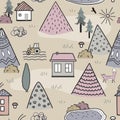 Cute doodle seamless pattern with cartoon houses, trees and mountains. Design for kids textile, floor mats, or Royalty Free Stock Photo