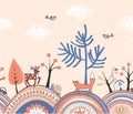 Cute doodle seamless pattern with cartoon ornamented hills, trees, and forest animals. Border with autumn landscape Royalty Free Stock Photo