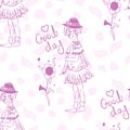 Cute Doodle Sketch Repeat Vector Pattern With `good Day` Text In Pink And White