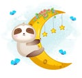 Cute doodle sloth hugging moon cartoon character Premium Vector