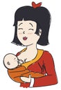 Doodle with smiling Asian mom with her baby, Vector illustration Royalty Free Stock Photo