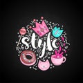 Cute doodle style text in round form colored. Cute fun vector style with crown, donut, flower, cup, lollipop, cat and Royalty Free Stock Photo