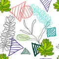 Cute doodle Succulent flowers and striped geometric shapes seamless pattern.