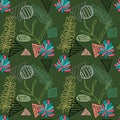 Cute doodle Succulent flowers and striped geometric shapes seamless pattern.