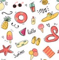 cute doodle summer collection pattern seamless flat vector illustration