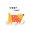 Cute doodle woof dog for kids. Card, postcard, print, poster with funny puppy Royalty Free Stock Photo