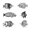 Cute doodles fishes. Vector drawing. Can be used in textile industry, coloringbook, paper, background, scrapbooking.