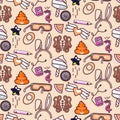 Cute doodles vector pink seamless pattern. Royalty Free Stock Photo
