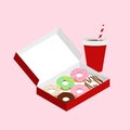 Cute doughnuts in red paper box on pastel pink background