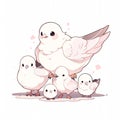 Cute dove bird family, Comic line. A mother dove with four young doves stand close
