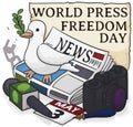 Cute Dove over Journalist`s Elements for World Press Freedom Day, Vector Illustration